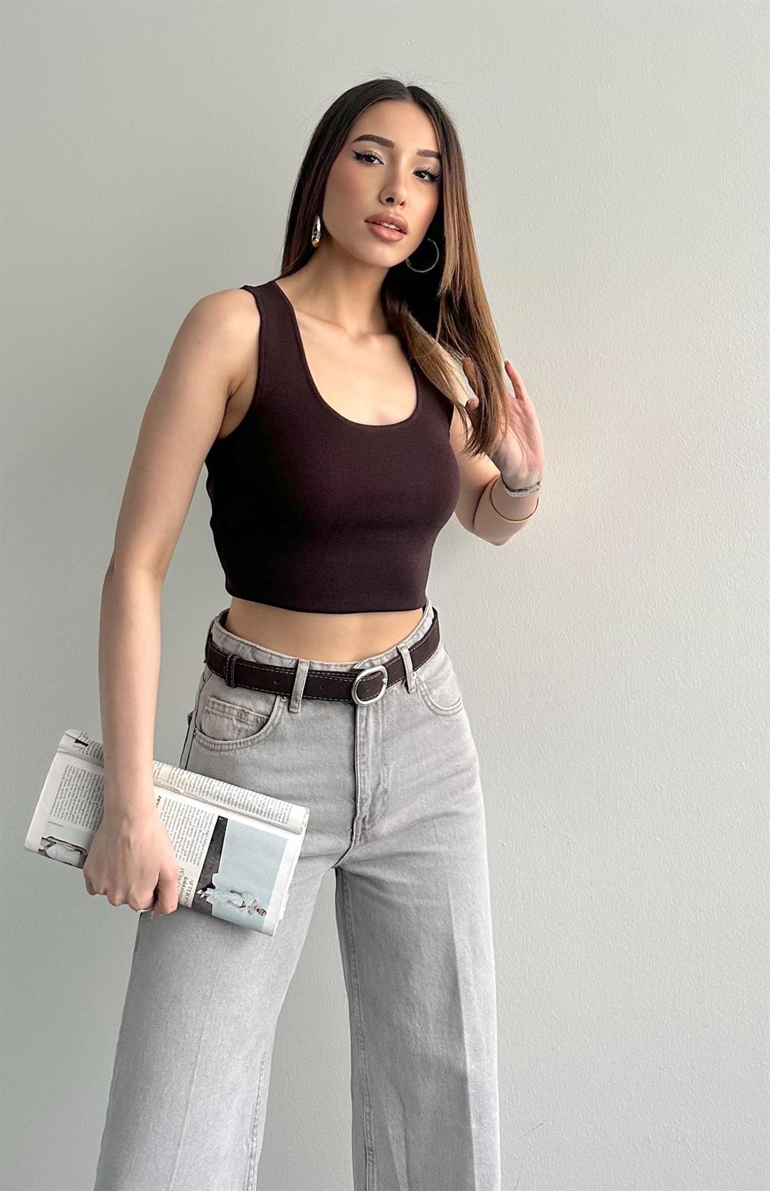 Oval Yaka Elitli Lubin Triko Atlet KAHVERENGİ