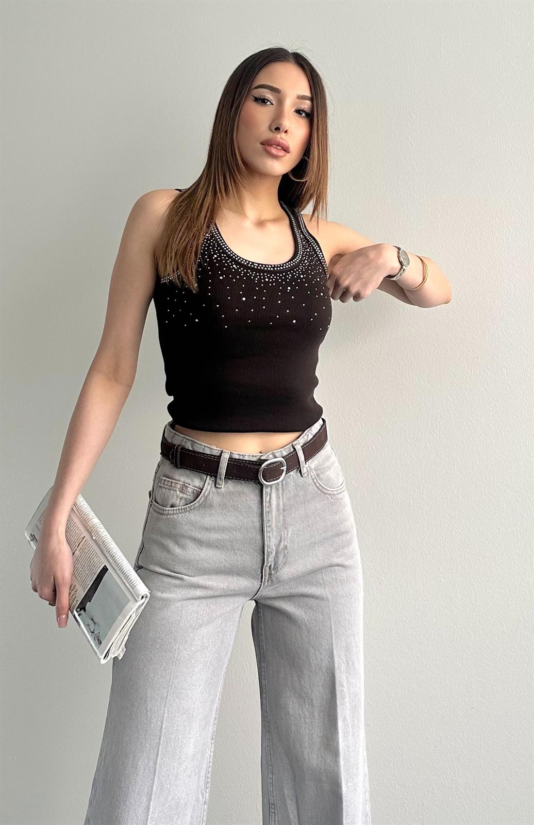 Taşlı Atlet KAHVERENGİ