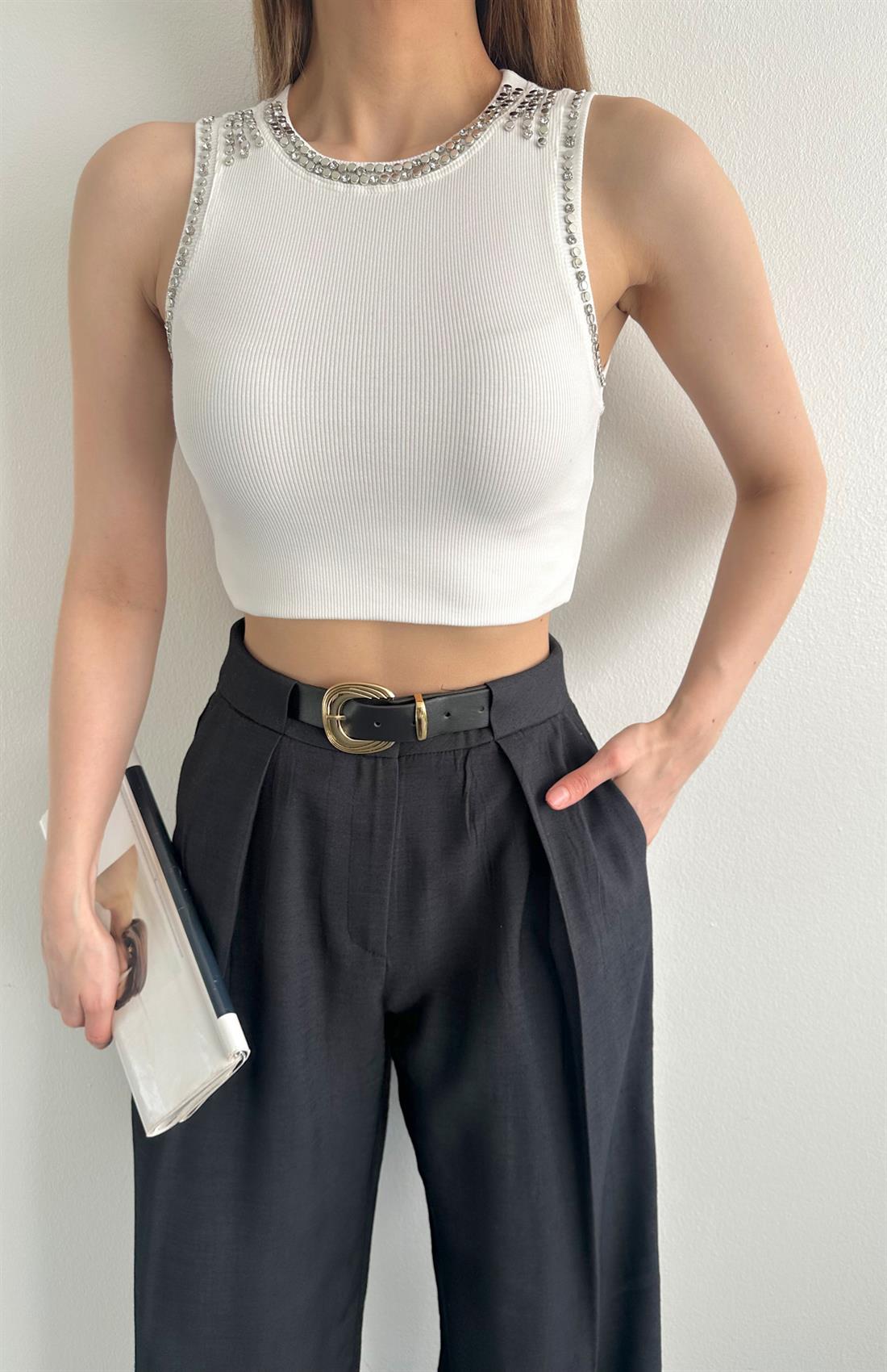 Yaka Ve Kol Taşlı Atlet EKRU