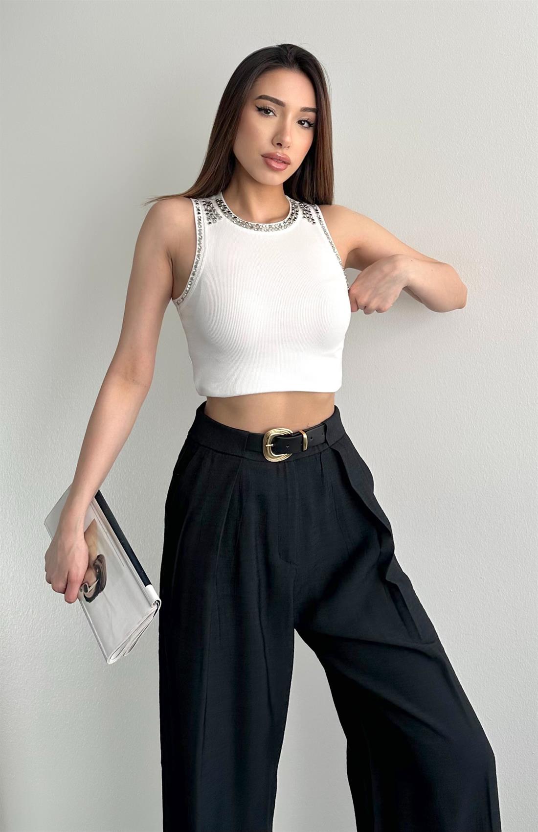 Yaka Ve Kol Taşlı Atlet EKRU