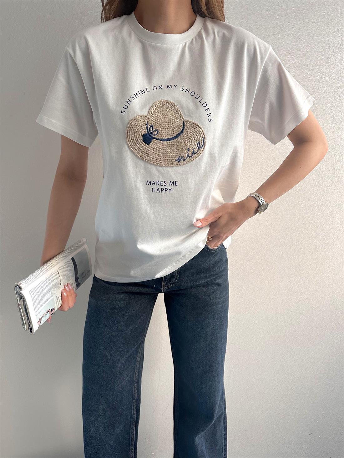 Baskı Ve Nakiş Detaylı Tshırt EKRU