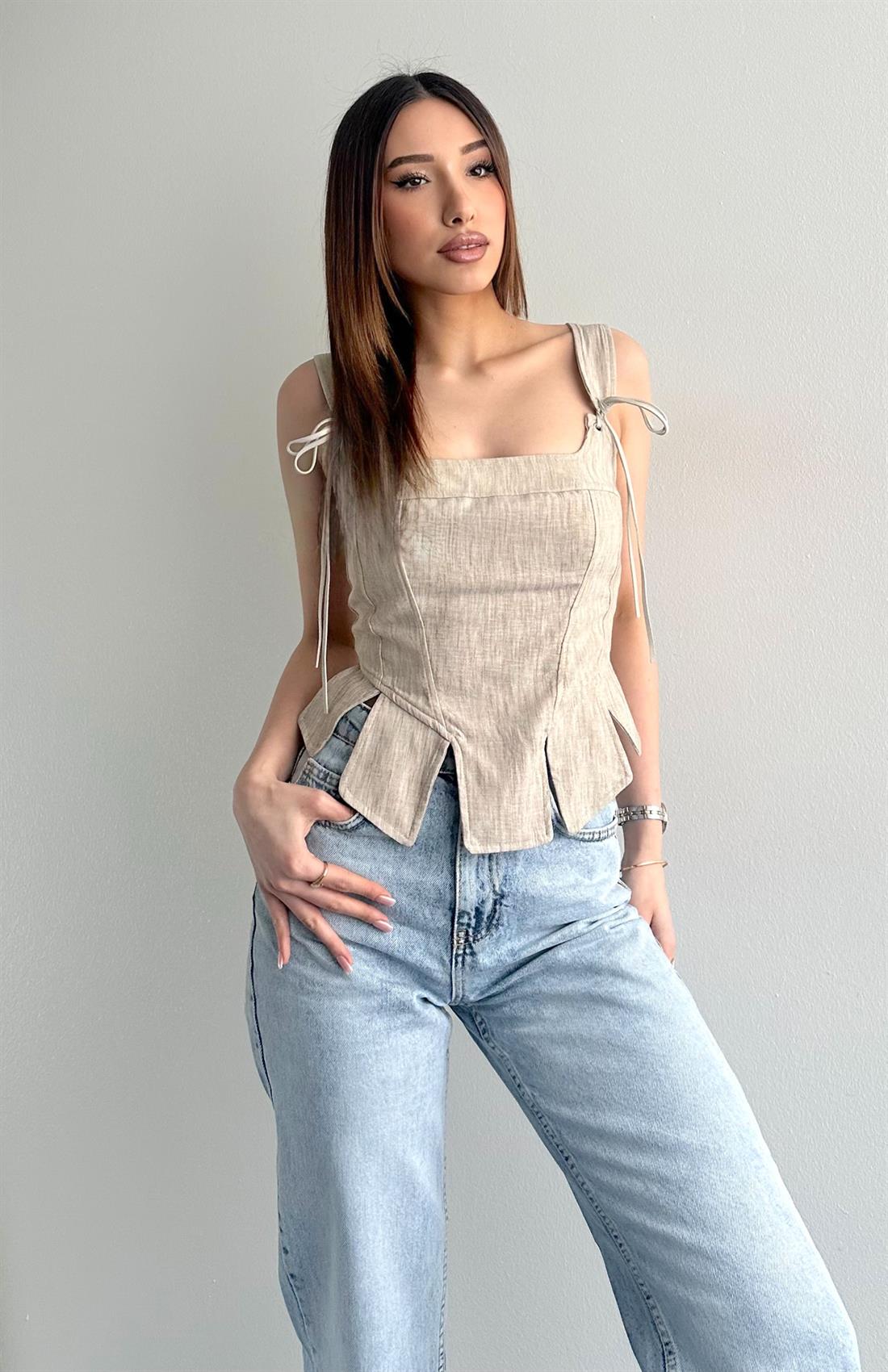 Askı Detaylı Korse Bluz BEJ