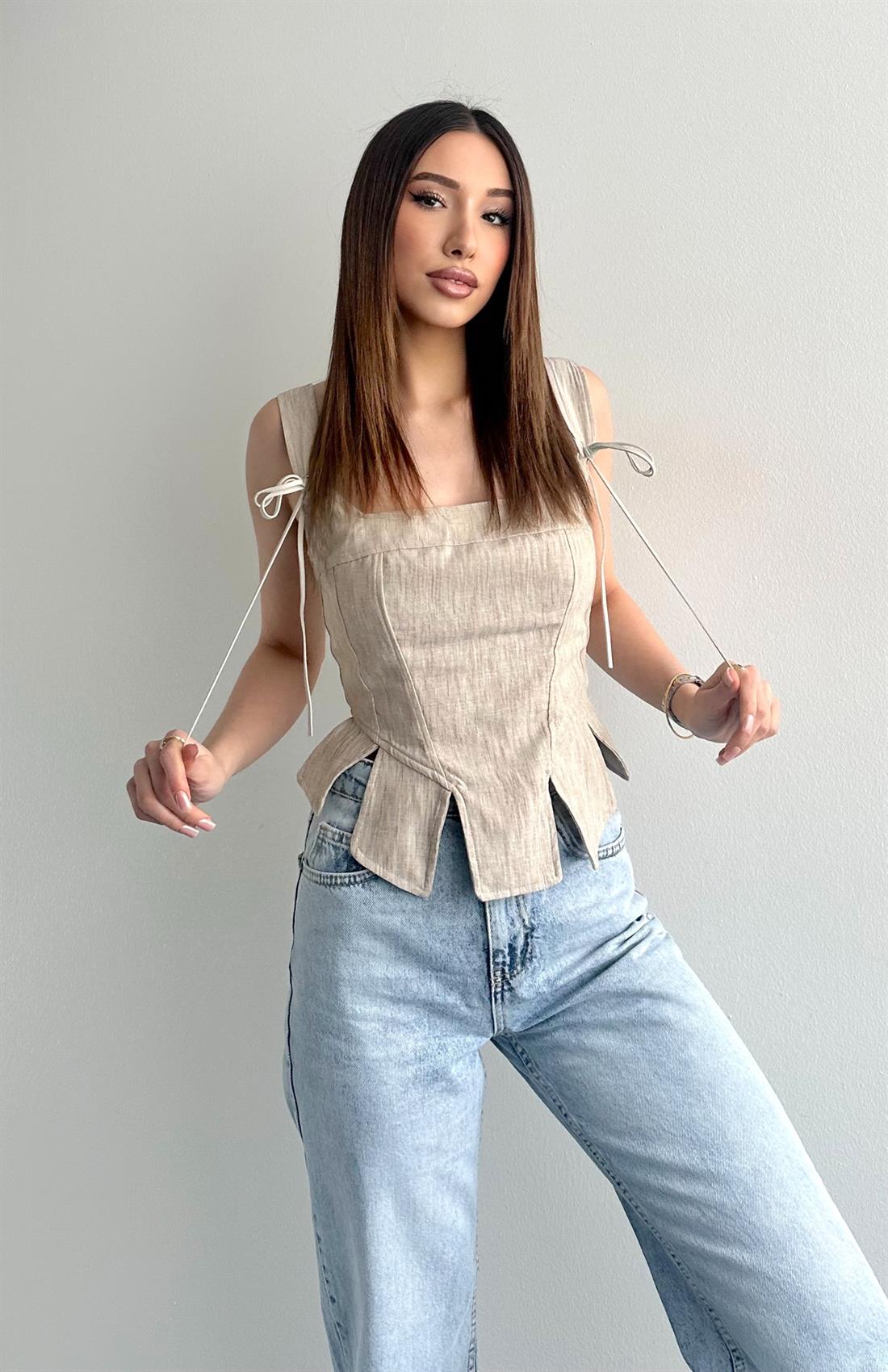 Askı Detaylı Korse Bluz BEJ