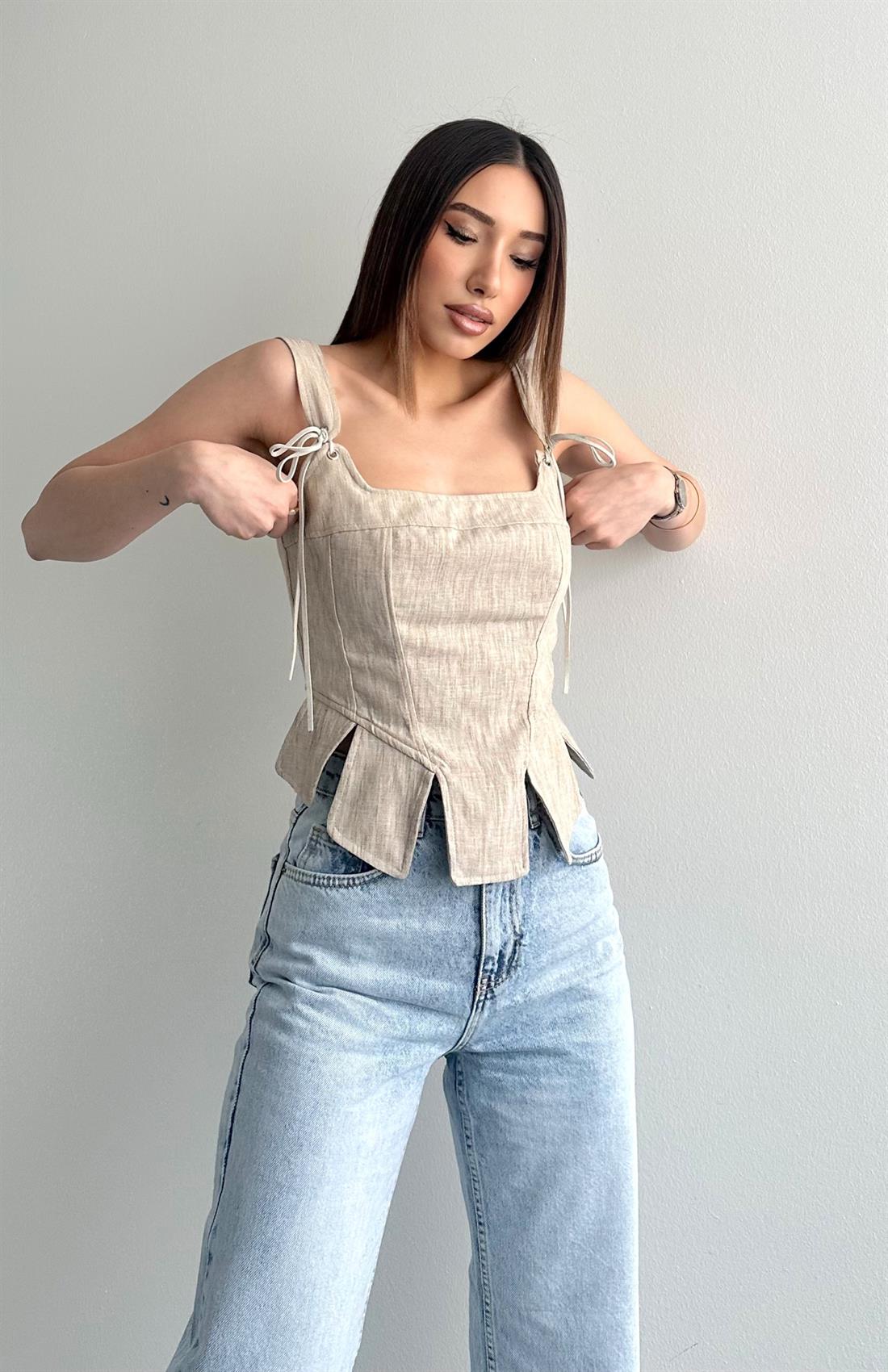 Askı Detaylı Korse Bluz BEJ