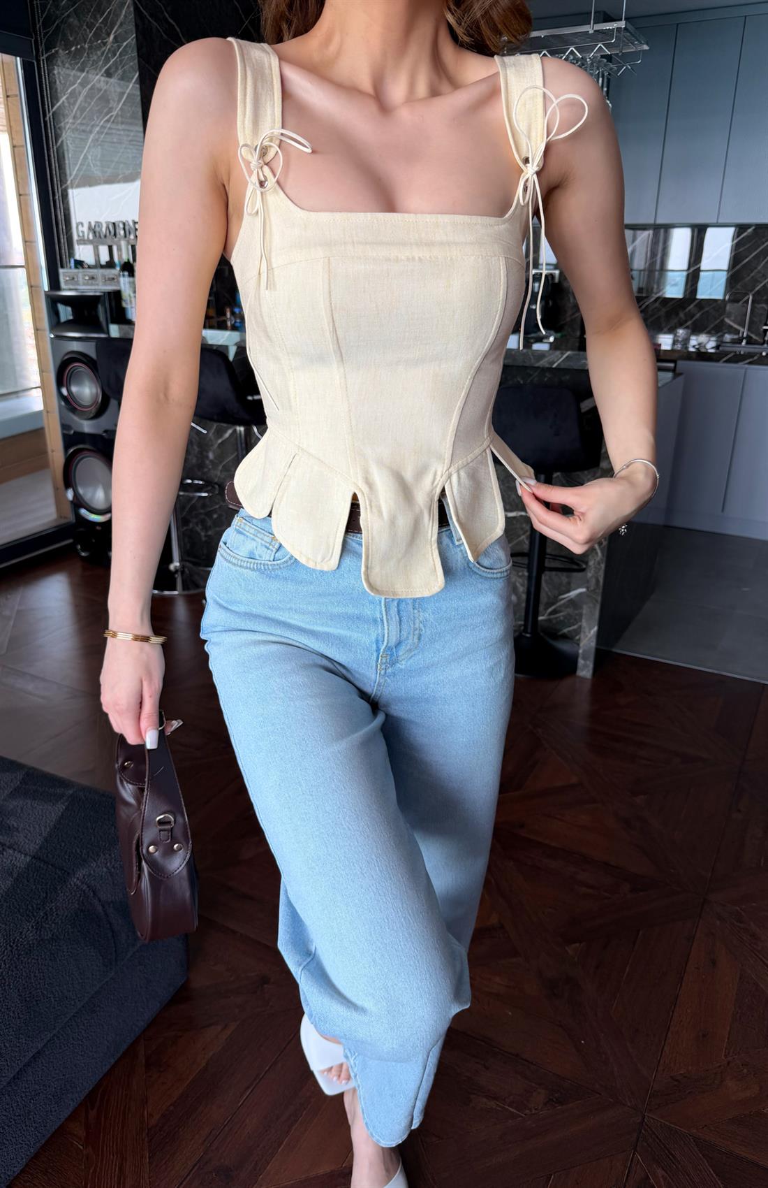 Askı Detaylı Korse Bluz SARI