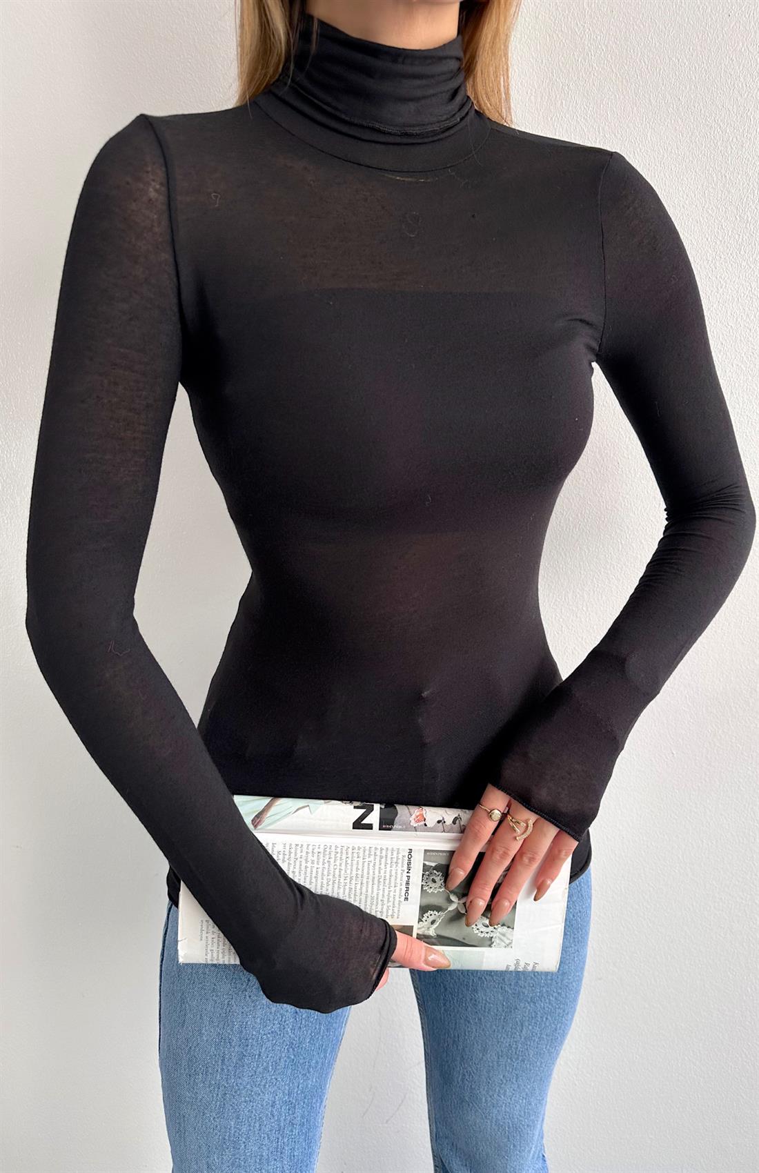 Balıkçı Yaka Kaşmir Bluz SİYAH