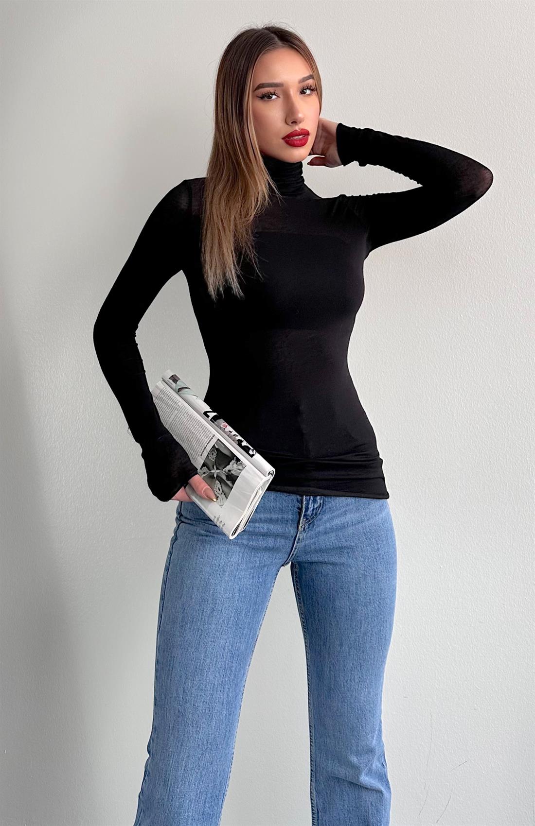 Balıkçı Yaka Kaşmir Bluz SİYAH