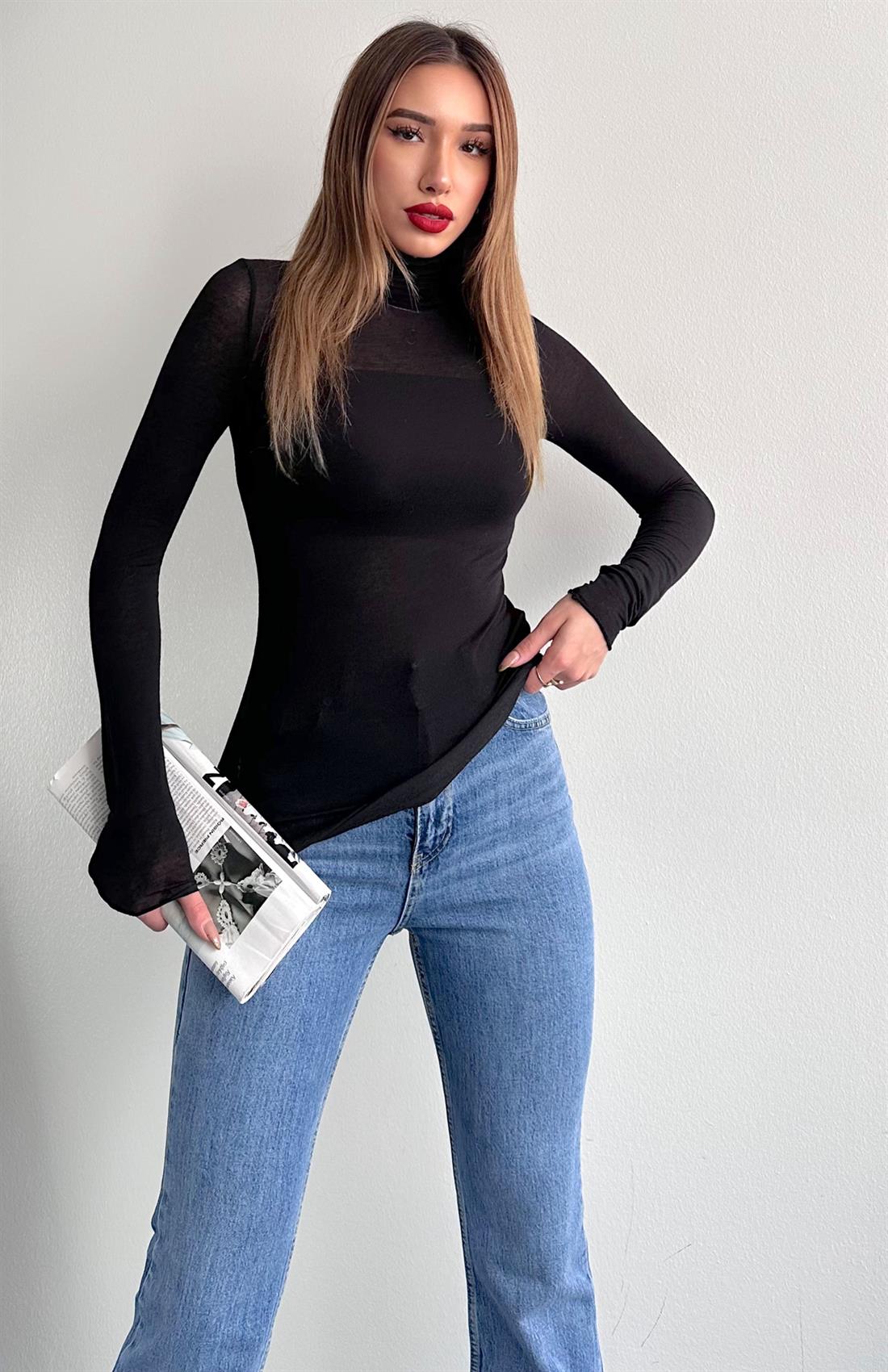 Balıkçı Yaka Kaşmir Bluz SİYAH