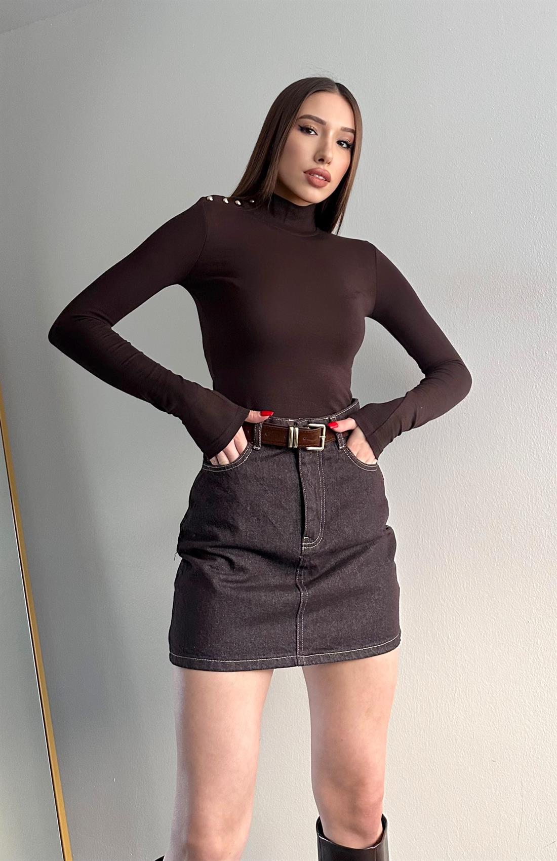 Balıkçı Yaka Patlı Bluz KAHVERENGİ