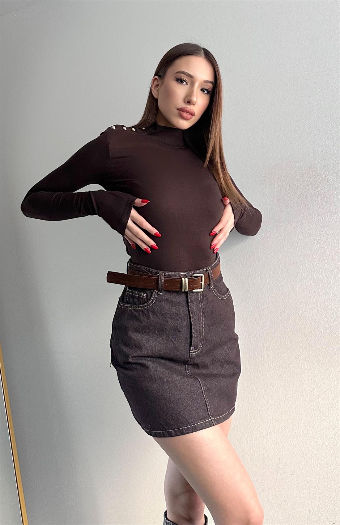 Balıkçı Yaka Patlı Bluz KAHVERENGİ