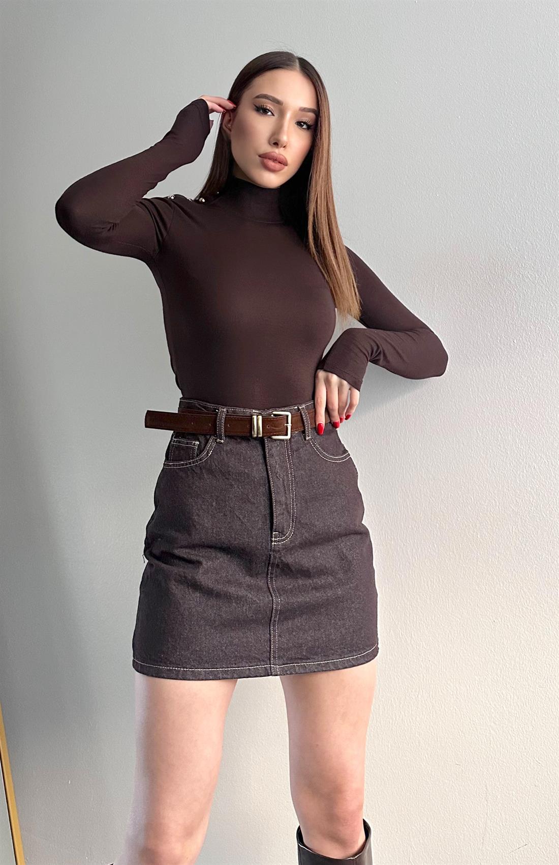 Balıkçı Yaka Patlı Bluz KAHVERENGİ