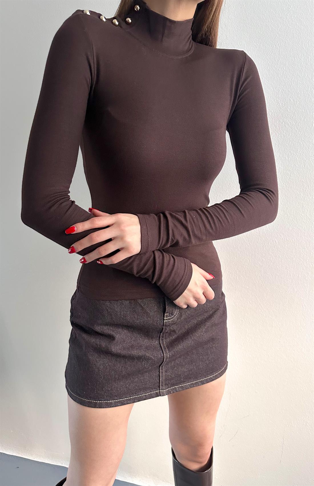 Balıkçı Yaka Patlı Bluz KAHVERENGİ