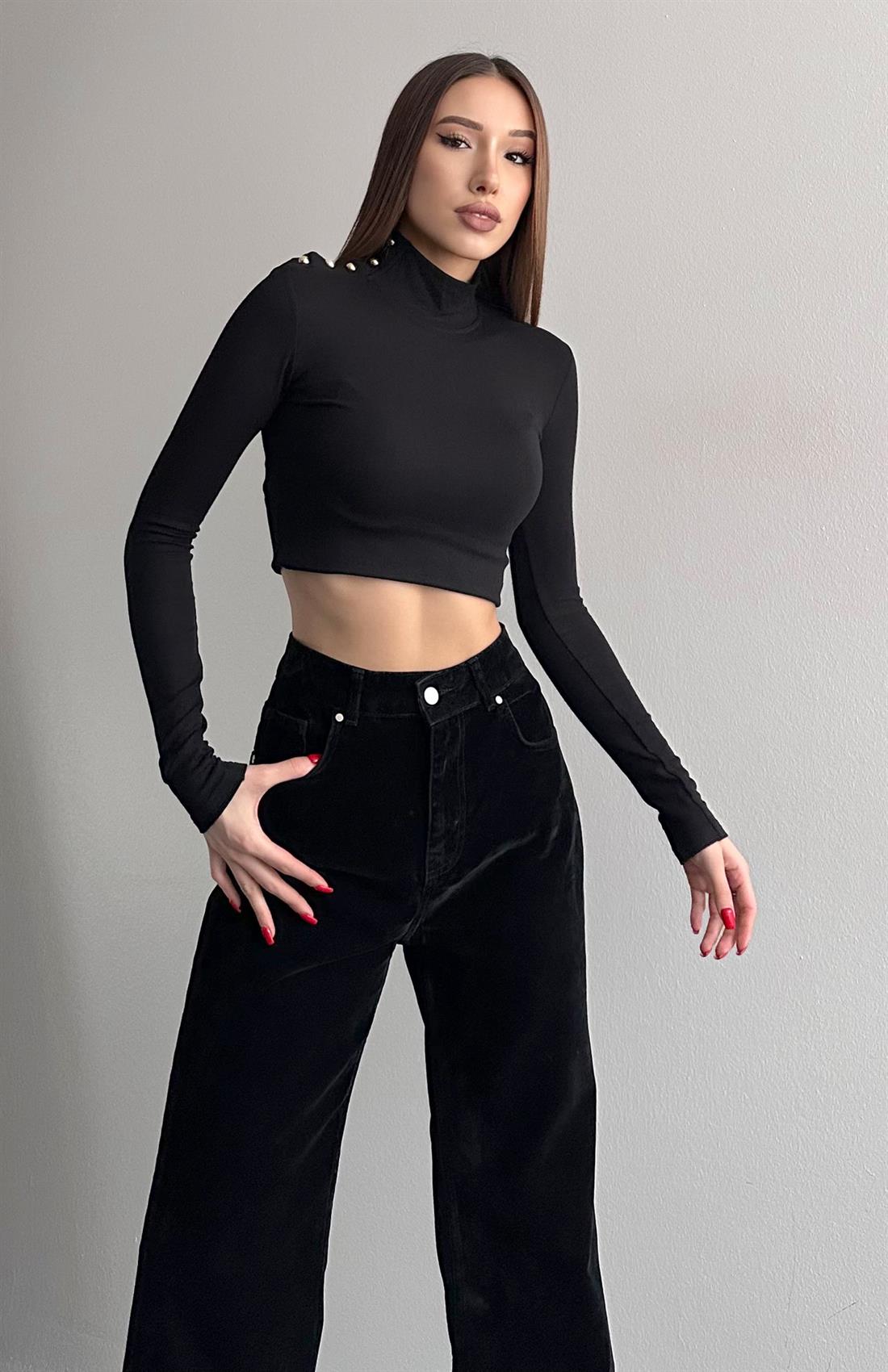 Balıkçı Yaka Patlı Bluz SİYAH