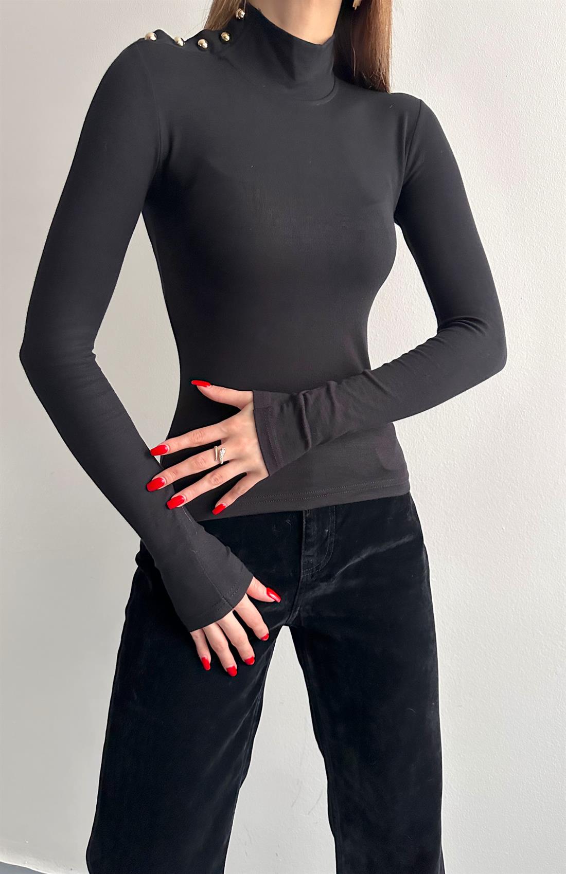 Balıkçı Yaka Patlı Bluz SİYAH