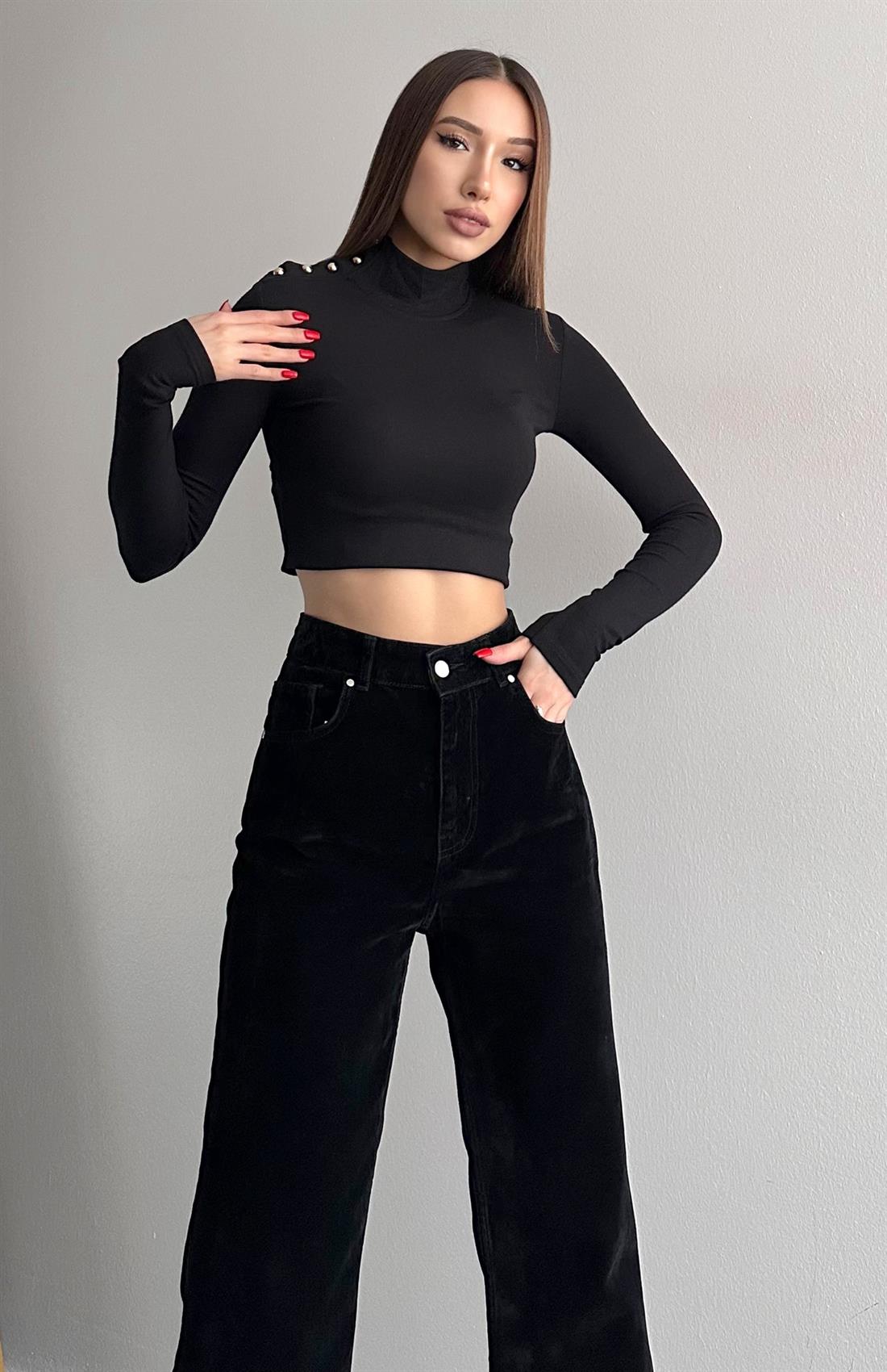 Balıkçı Yaka Patlı Bluz SİYAH