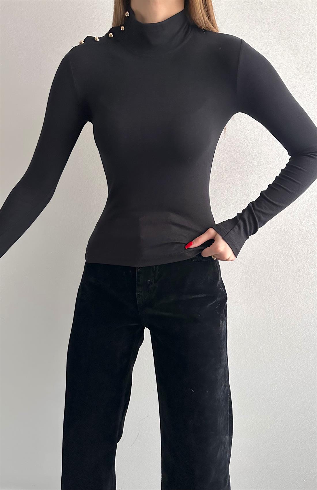 Balıkçı Yaka Patlı Bluz SİYAH