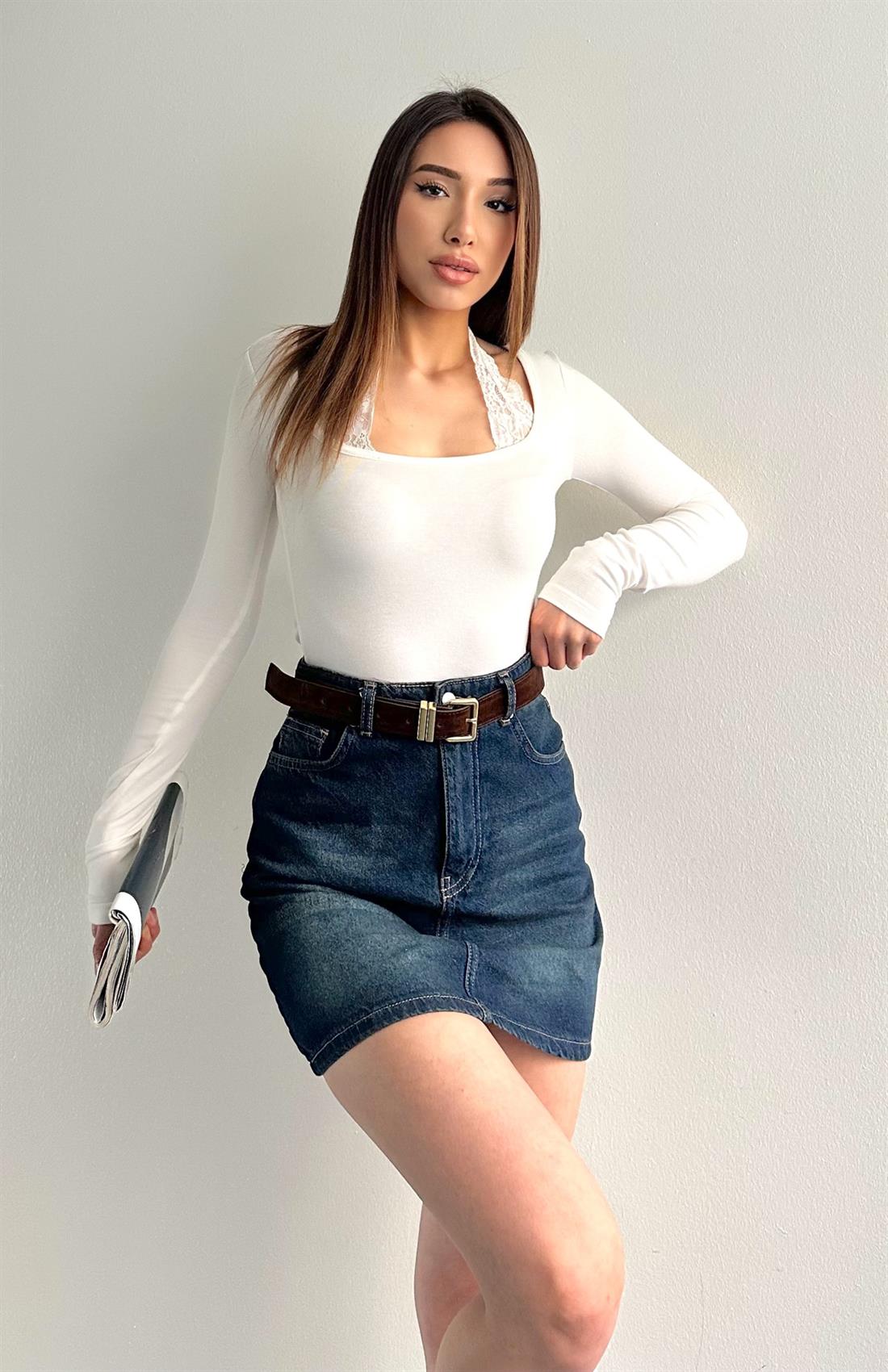 Boyundan Dantelli Bluz AÇIK EKRU