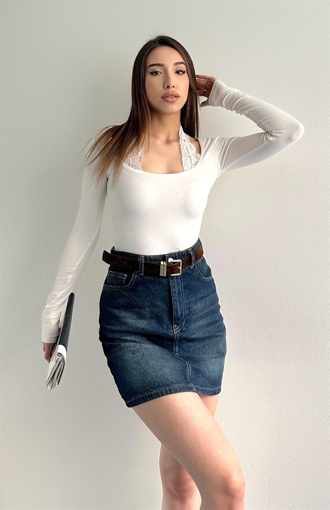 Boyundan Dantelli Bluz AÇIK EKRU