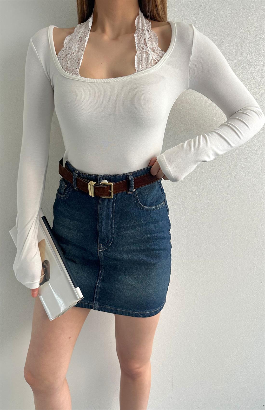 Boyundan Dantelli Bluz AÇIK EKRU