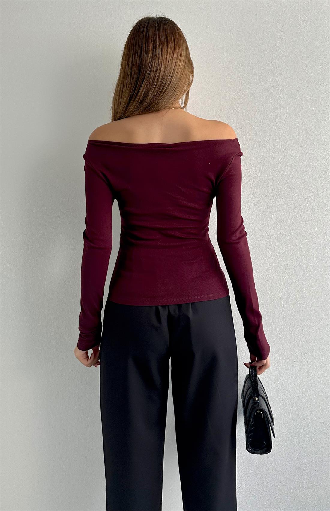 Büzgülü Kayık Yaka Bluz BORDO