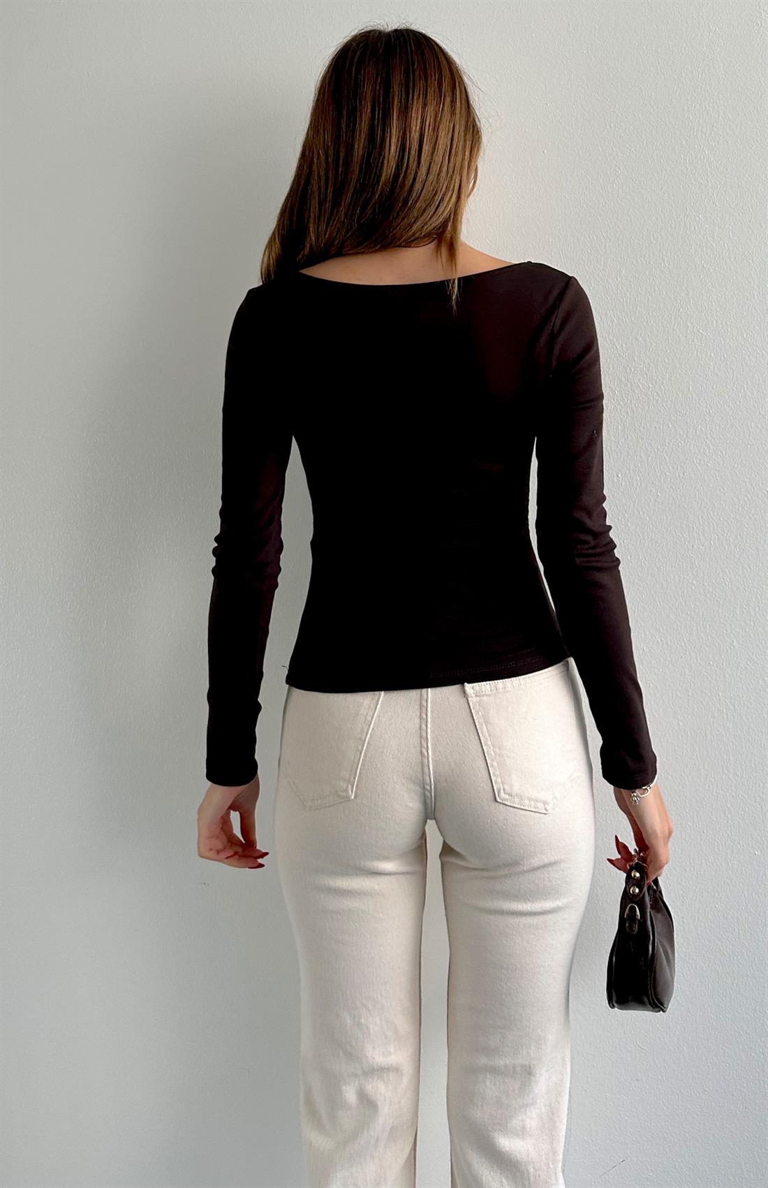 Büzgülü Kayık Yaka Bluz KOYU KAHVE