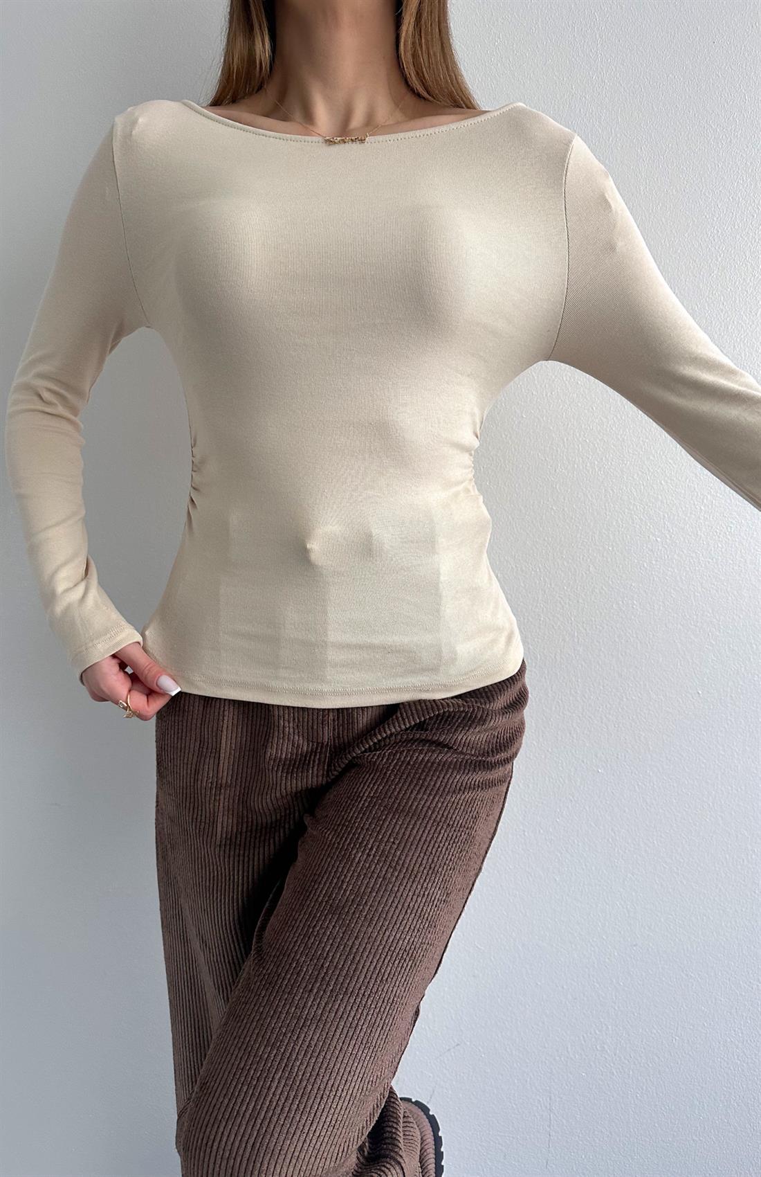 Büzgülü Kayık Yaka Bluz TAŞ