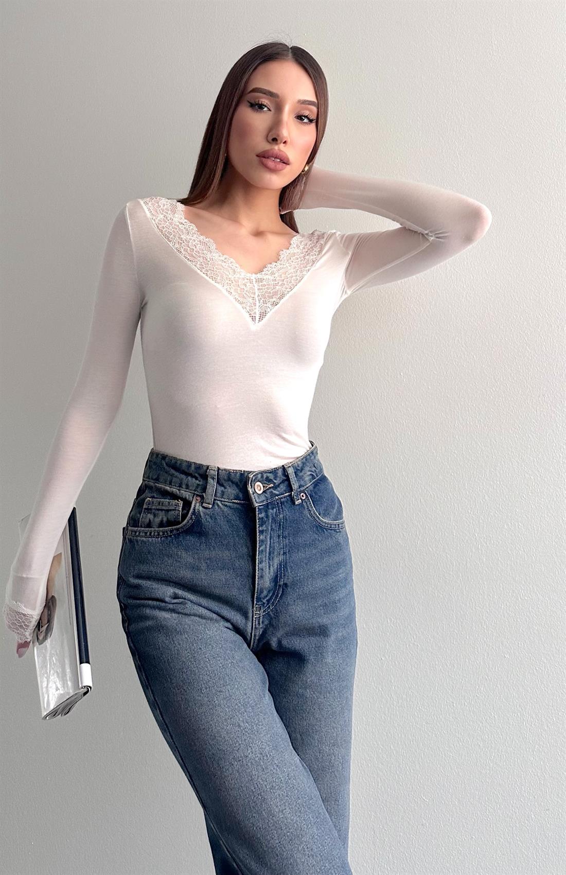 Dantel Detaylı Kaşmir Bluz EKRU