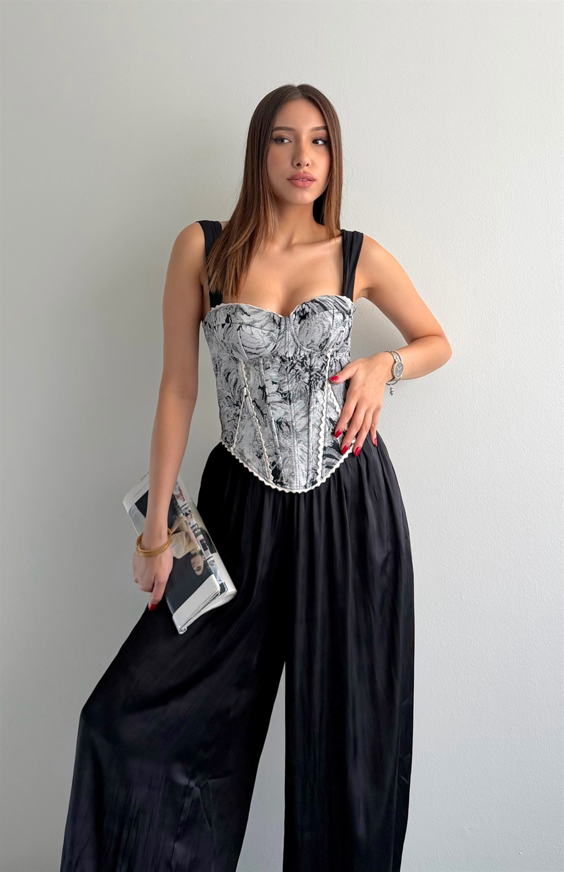 Desenli Korse Bluz SİYAH