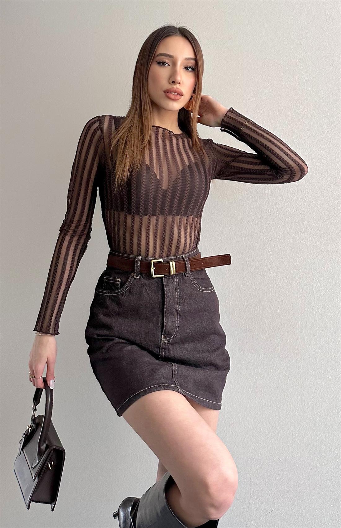 Dik Yaka Tül Bluz KAHVERENGİ