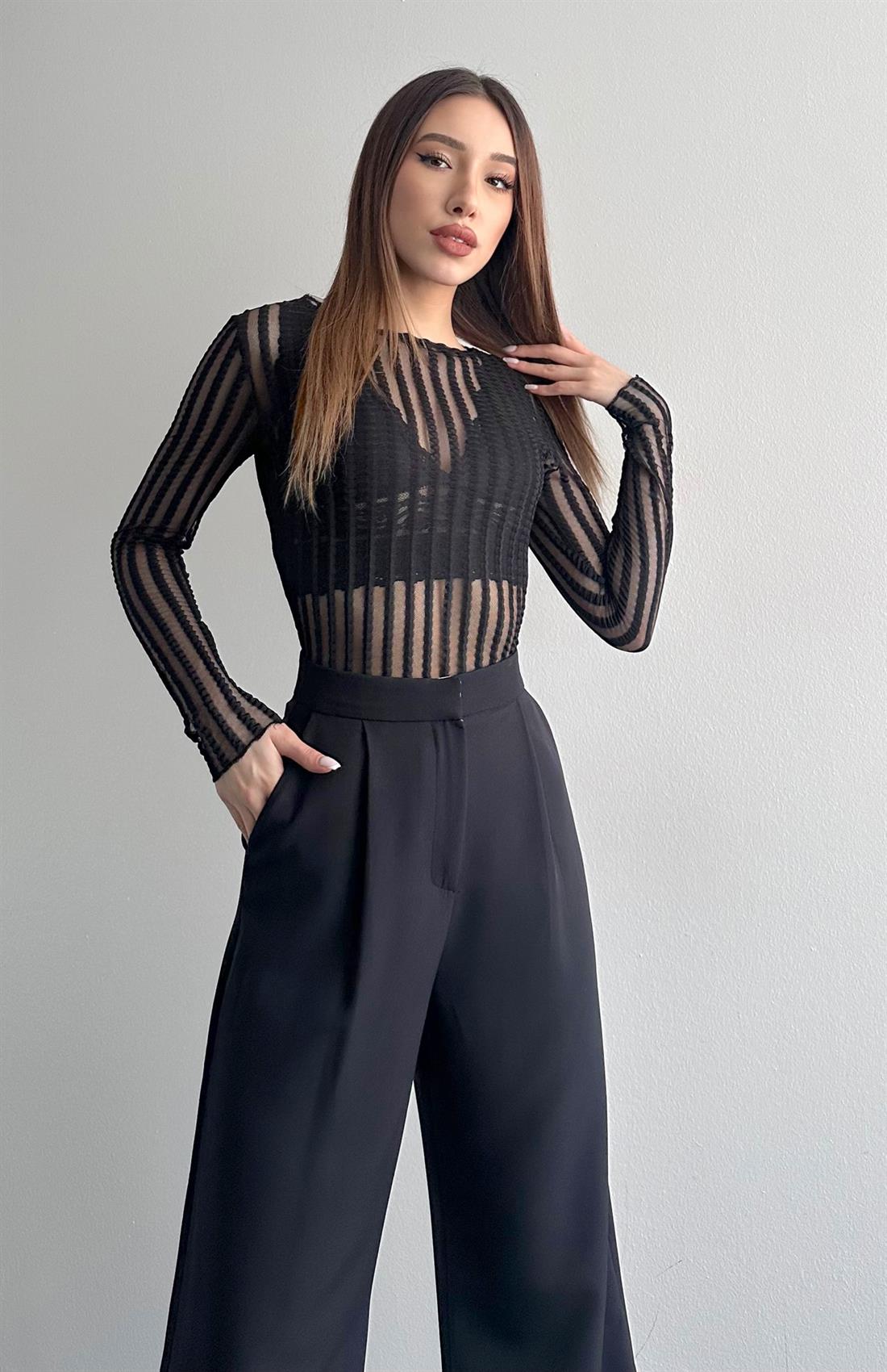 Dik Yaka Tül Bluz SİYAH