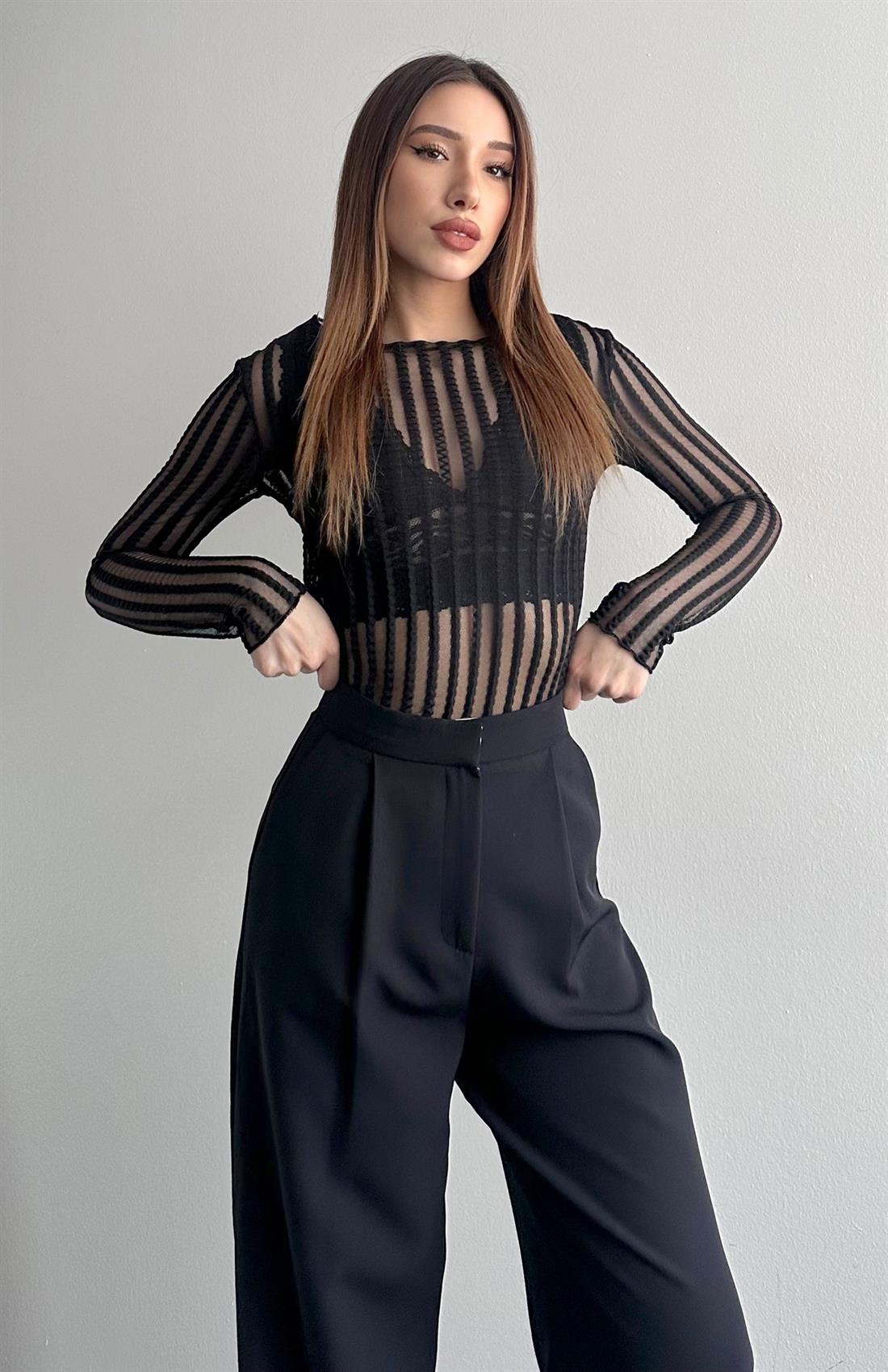 Dik Yaka Tül Bluz SİYAH