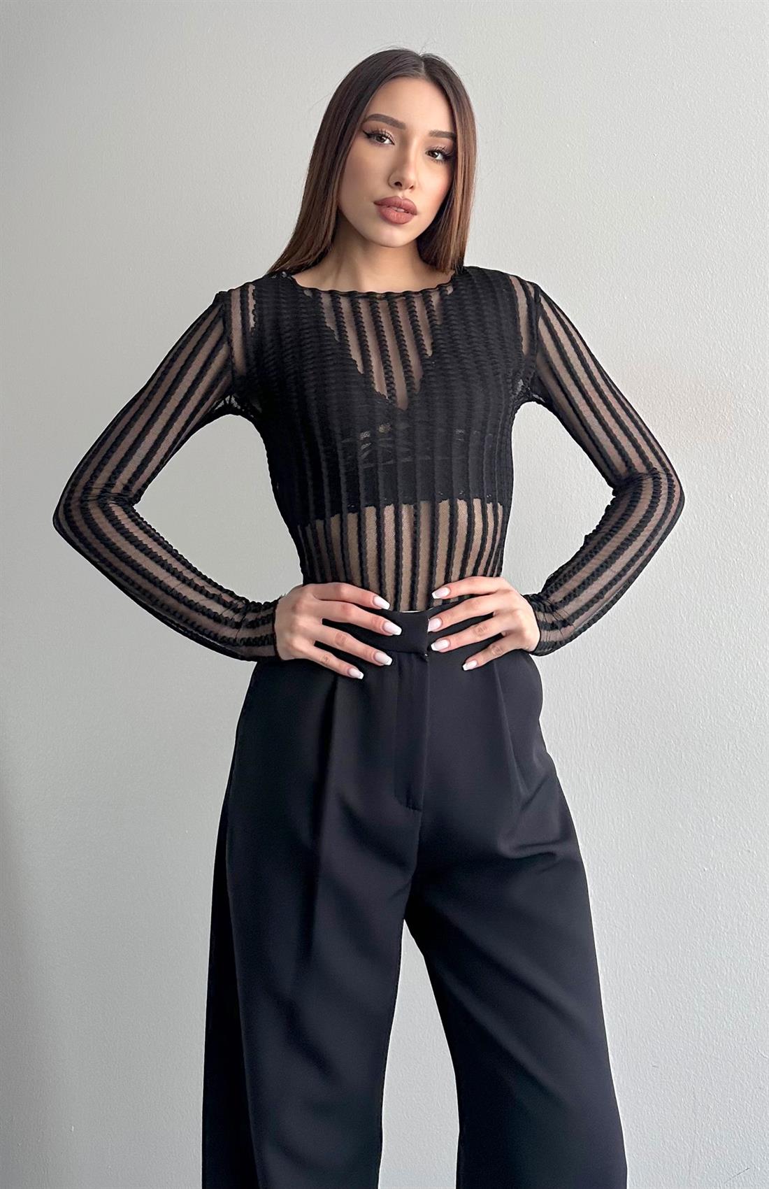 Dik Yaka Tül Bluz SİYAH