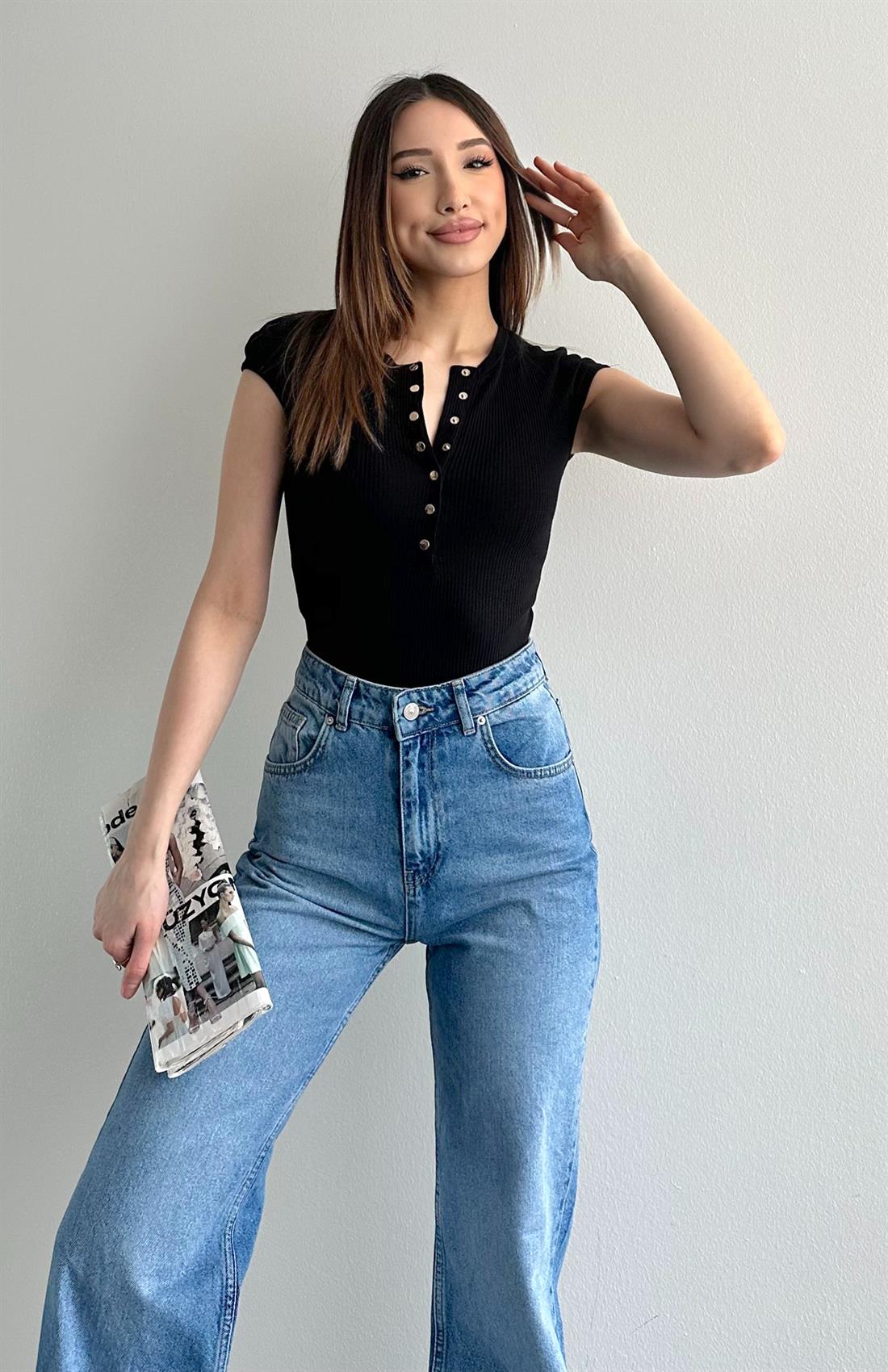 Düğmeli Kısa Kollu Bluz SİYAH