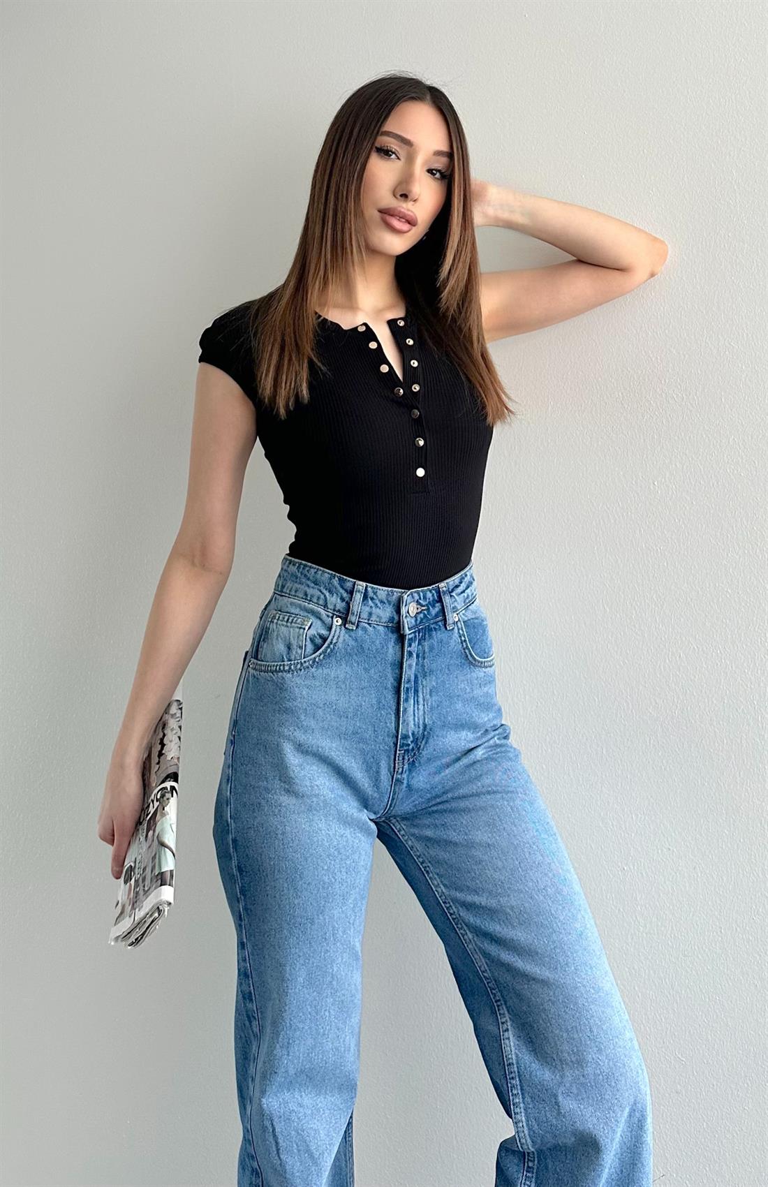 Düğmeli Kısa Kollu Bluz SİYAH