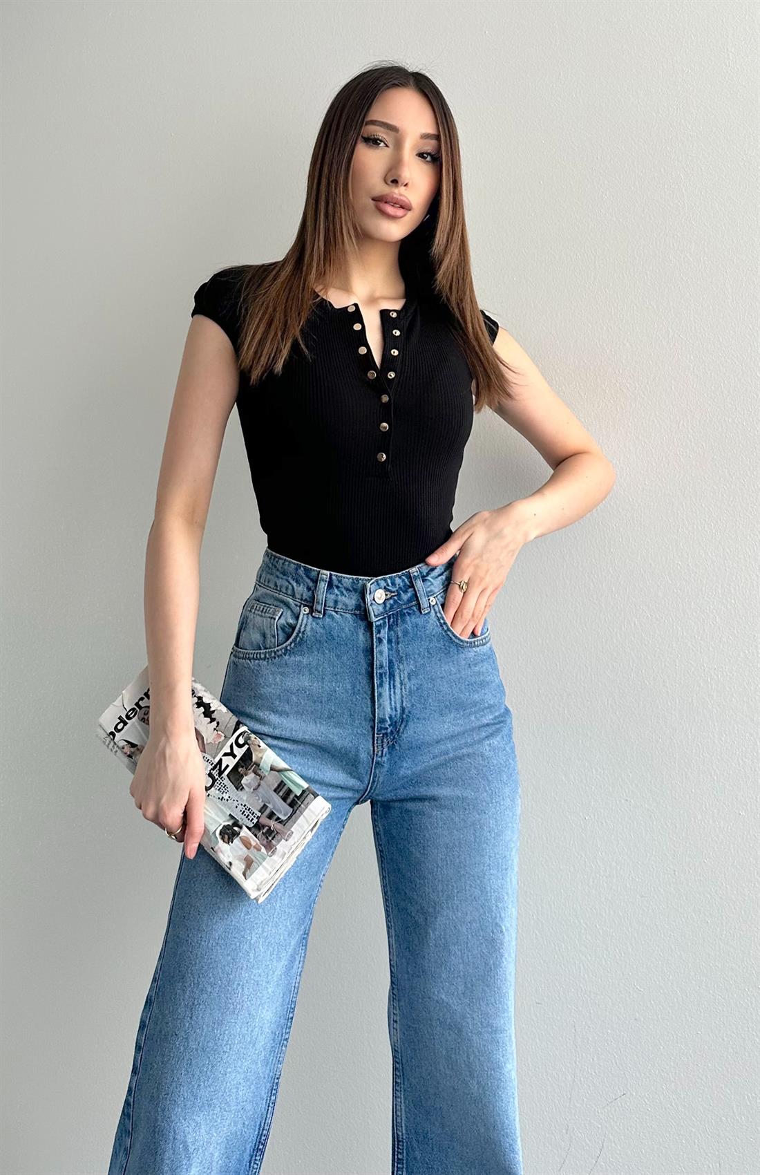 Düğmeli Kısa Kollu Bluz SİYAH