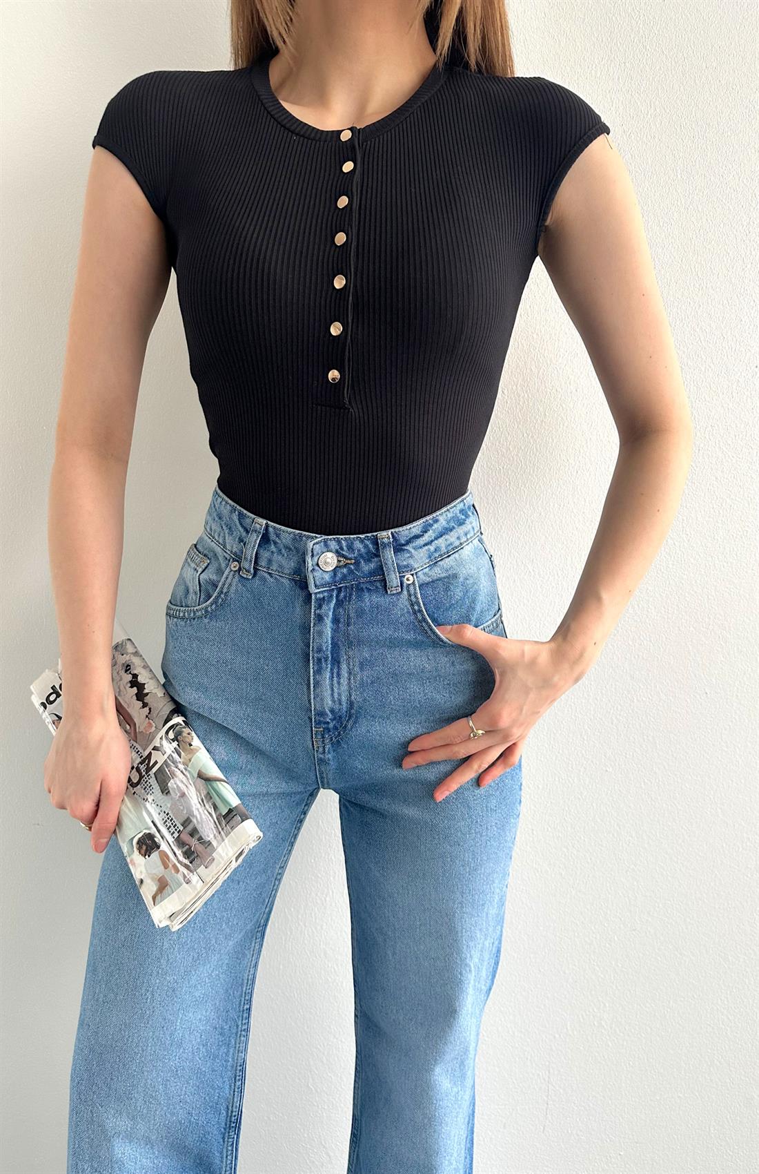 Düğmeli Kısa Kollu Bluz SİYAH