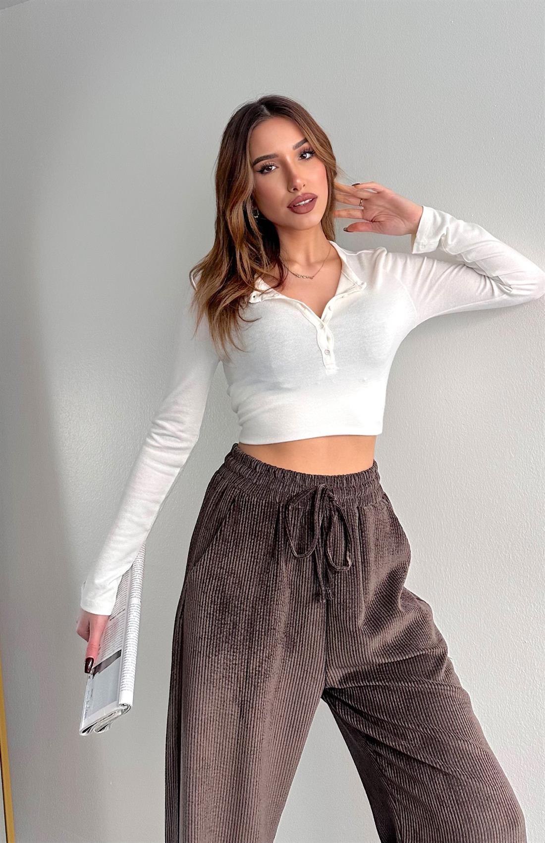 Düğmeli Uzun Kollu Bluz EKRU