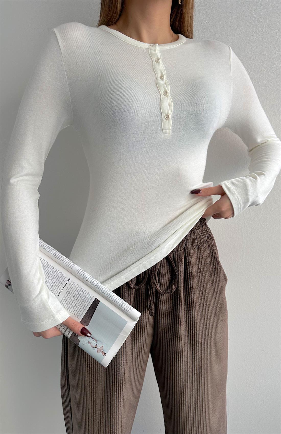 Düğmeli Uzun Kollu Bluz EKRU