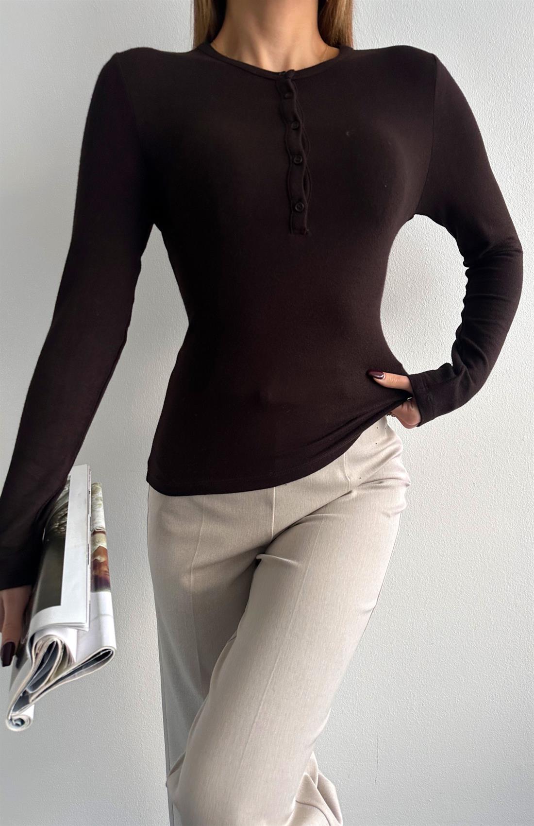 Düğmeli Uzun Kollu Bluz KOYU KAHVE