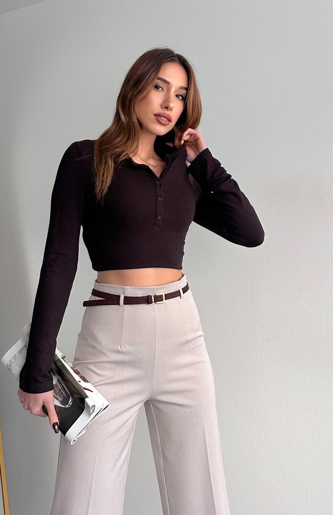 Düğmeli Uzun Kollu Bluz KOYU KAHVE