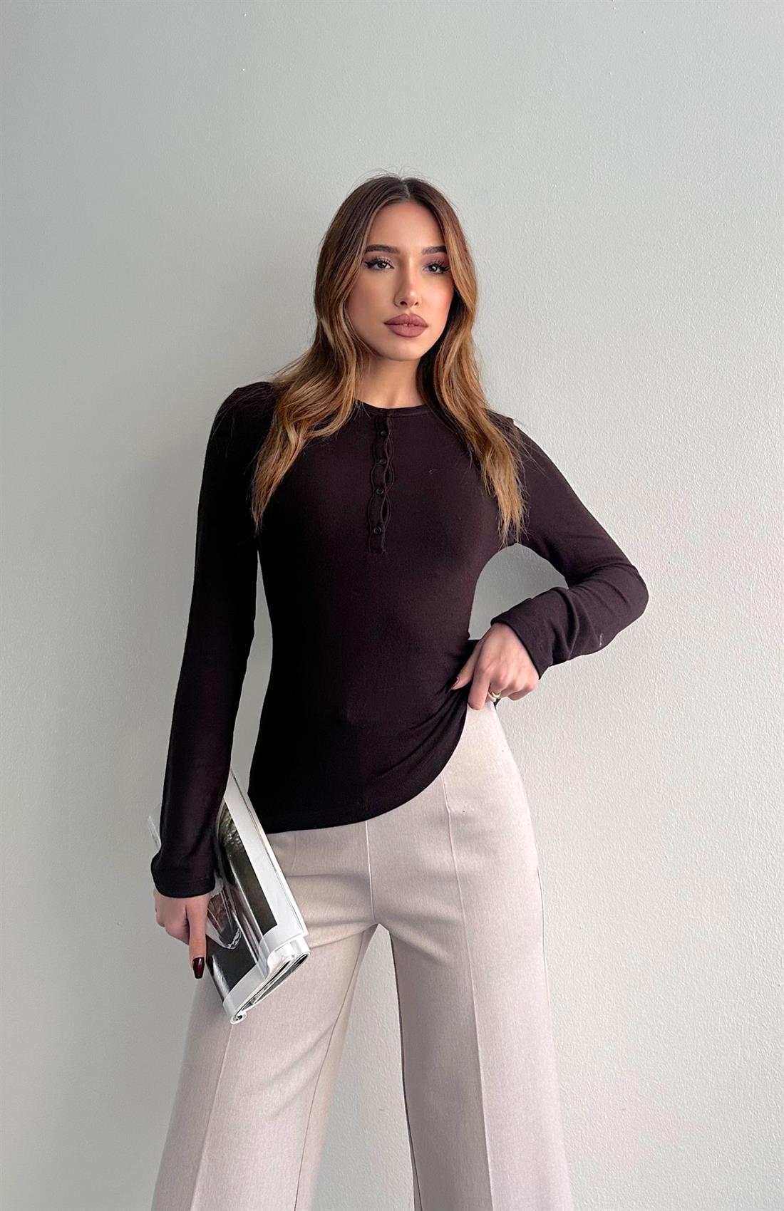 Düğmeli Uzun Kollu Bluz KOYU KAHVE