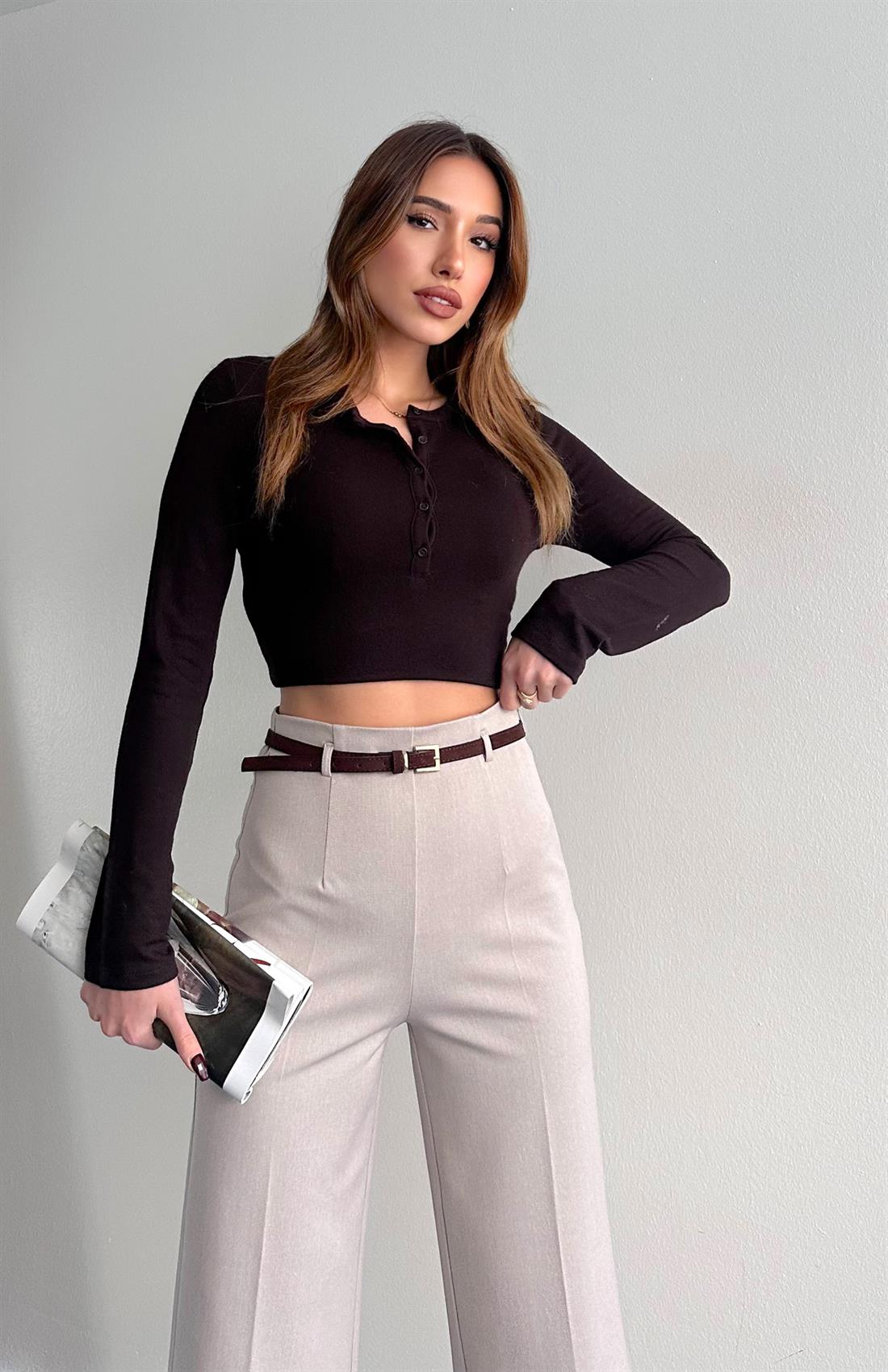 Düğmeli Uzun Kollu Bluz KOYU KAHVE