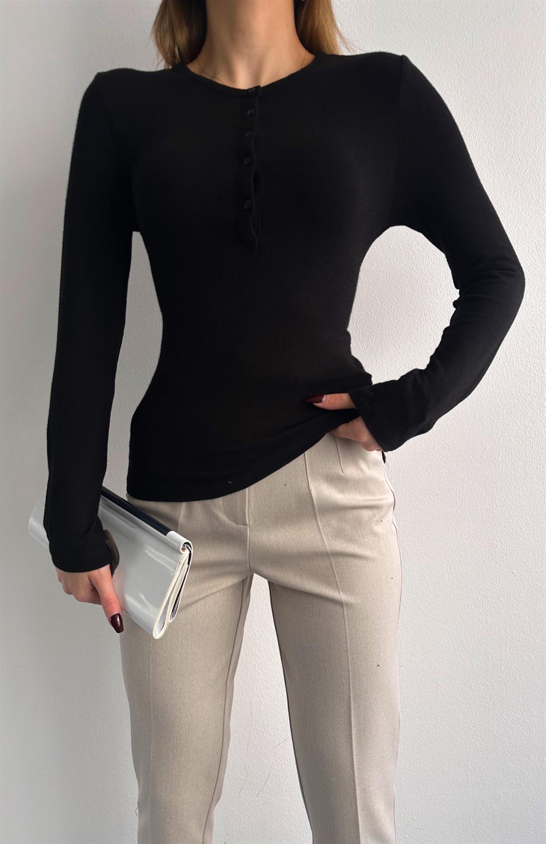 Düğmeli Uzun Kollu Bluz SİYAH