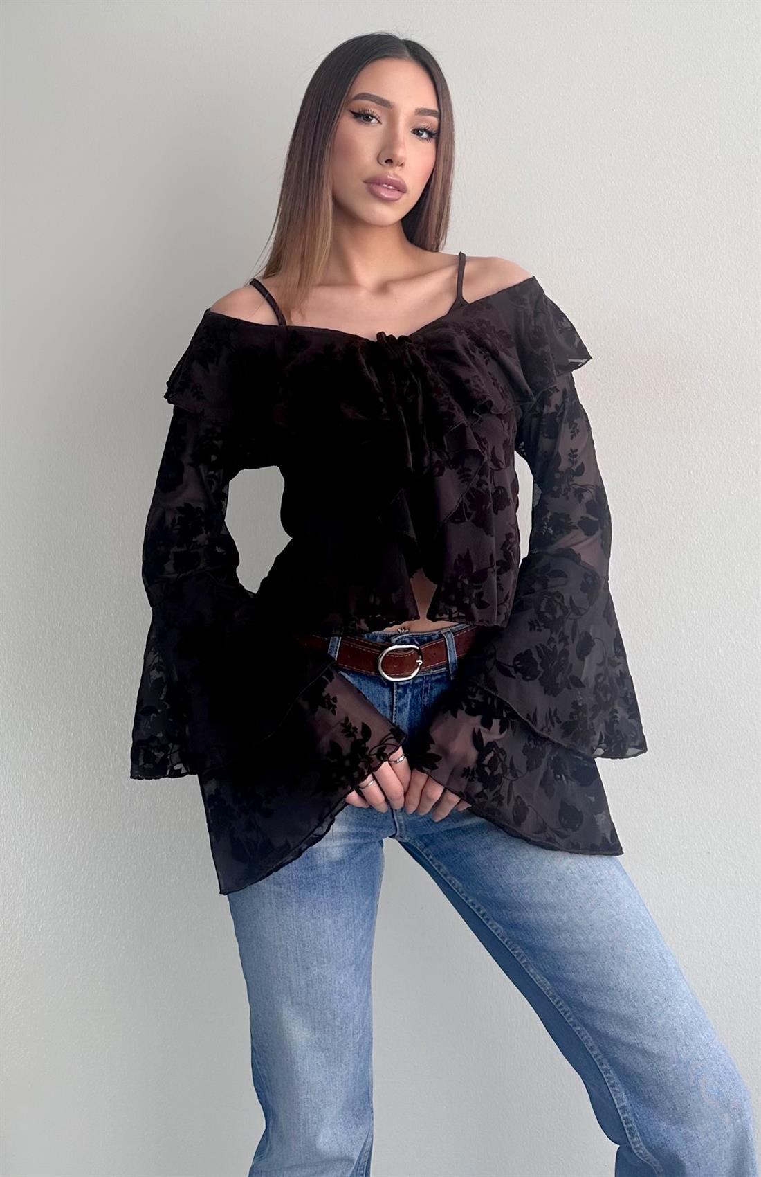 Flok Baskılı Bluz A.KAHVE