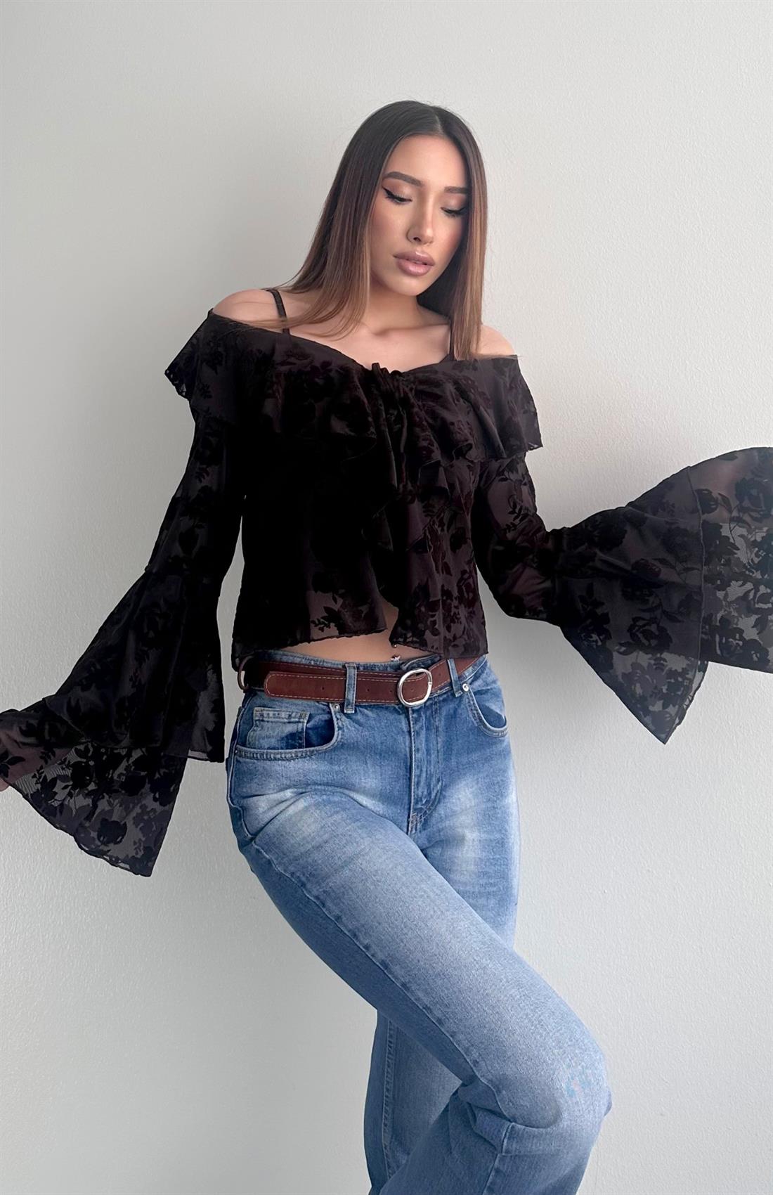 Flok Baskılı Bluz A.KAHVE