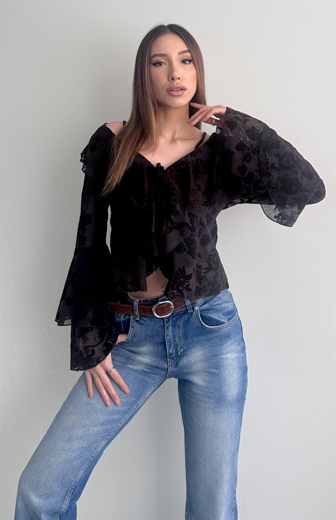 Flok Baskılı Bluz A.KAHVE
