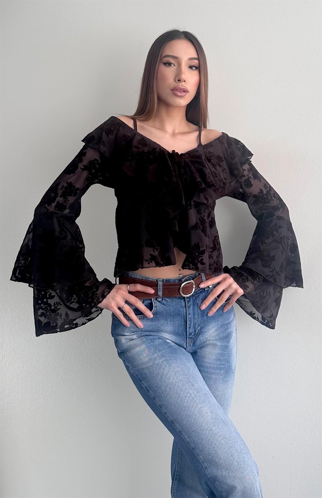 Flok Baskılı Bluz A.KAHVE