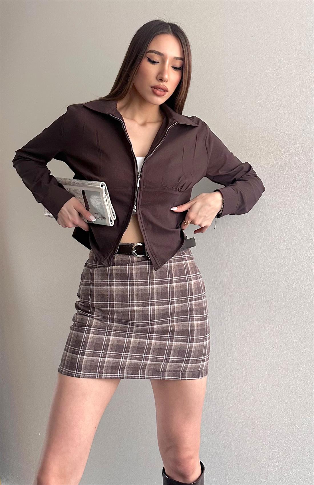 Göğüs Büzgü Detaylı Fermuarlı Bluz KAHVERENGİ