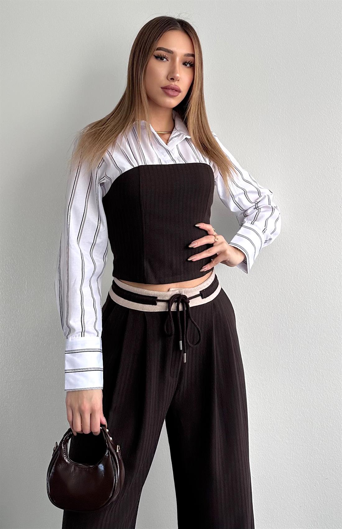 Gömlek Detaylı Bluz KAHVERENGİ