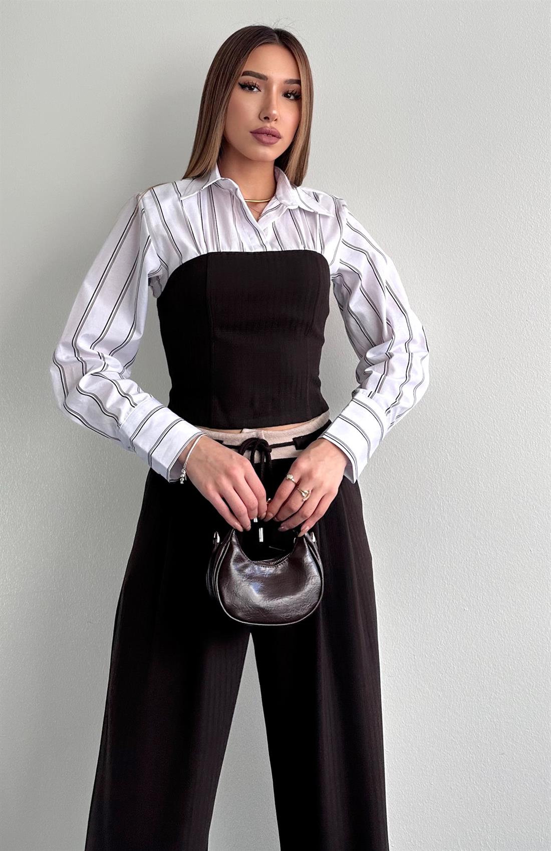 Gömlek Detaylı Bluz KAHVERENGİ